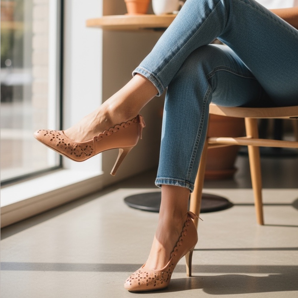 ANTHRO x MISS ALBRIGHT Laser Cut Out Ribbon Pumps in Peach Pink 9